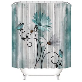 AZHM Rustic Farmhouse Shower Curtain Set 4pcs Farm Teal Daisy Floral Bathroom Decor Set with Shower Curtain and Rugs and Accessories Flower on Country Wooden Bathroom Curtain with 12 Hooks