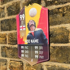 ShopQuality4U Personalise Football Cup Player Stats Card Sign - Yellow Strip Printed Metal Shield Sign Wall Art A4 Player Add Name (28x17cm)