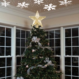 Christmas Tree Topper Lighted Star [Gold],3D Hollow Sparkling Star Christmas Tree Topper with Rotating Magic Cool White Snowflake Projector for Christmas Tree Ornament (Gold)