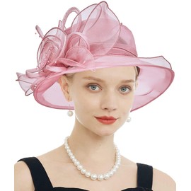 RZTA Women's Kentucky Derby Church Dress Hat Wide Brim Leaf Flower Bridal Shower Hat, F2 Pink Purple, One Size