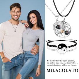 MILACOLATO Matching Necklace Bracelet Set for Couple BFF, 100 Languages I Love You Magnetic Sun&Moon Projection Necklaces Ying Yang Bracelets Adjustable Couple Valentine's Day Jewellery Gift S