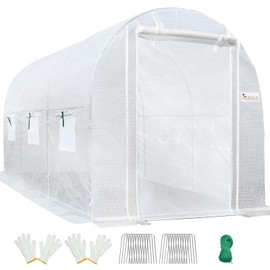 KING BIRD Upgraded 10x6.6x6.6FT Large Walk-in Greenhouse Heavy Duty Galvanized Steel Frame 2 Zippered Screen Doors 6 Screen Windows Tunnel Garden Plant Hot Green House 18 Stakes 4 Ropes 2 Gloves White