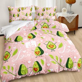 AILONEN Kawaii Avocado Duvet Cover Set Twin Size,Pink Love Cute Avocado Bedding Set for Kids Women,Fruit Printed Girls Pink Comforter Cover and 2 Pillowcases for Room Decor,3 Pieces