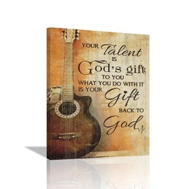 SweetFox Christian Vintage Guitar Wall Art Rock Music Pictures Wall Decor Your Talent is God's Gift to You Inspirational Canvas Painting Prints Artworks Framed for Bedroom Living Room 16L" X 12W"
