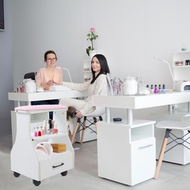 Portable Pedicure Foot Rest with Wheels, Pedicure Stool, Trolley for Foot Bath, Spa Cart, Nail Stand, Manicure Furniture for Beauty Salon or Nail Tech Spa, Massage Station (White)