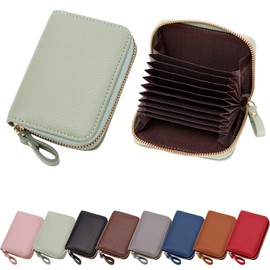 Mayoii RFID Card Holder for Women, Genuine Leather Credit Card Holder RFID Blocking Wallet, Compact Accordion Zipper Purse with 11 Slots (Green)