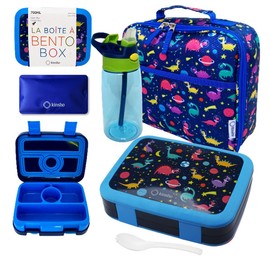 Bento Lunch Box with Bag, Water Bottle & Ice Pack Set for Kids Toddlers, 4 Portion Sections, Removable Tray, Pre-School Boy Toddler Daycare Lunches, Insulated Snack Container, Blue Space Dinosaur