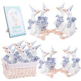 One Silly Goose Birthday Outfit 8 PCS Goose Family Stuffed Animal Hat Blue Ribbon Goose Decorations for Party Home Gift