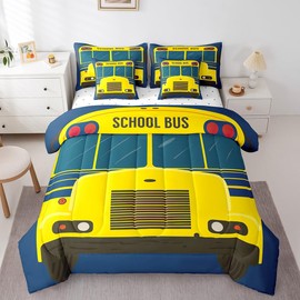 Cartoon School Bus Kids Comforter Set 7 Piece Twin Size,Bright Yellow Car Print Navy Blue Reversible Quilt Set,Vehicle Front Wheels Bedding Set with Comforter,Sheet,Pillowcase