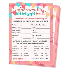 Who Knows The Birthday Girl Best, Girls Birthday Party Night Game, Birthday Game Cards for Girls Hers Women's Sleepover Supplies Decorations, Themed Party Activity and Idea, Set of 30 (Pink) ﻿