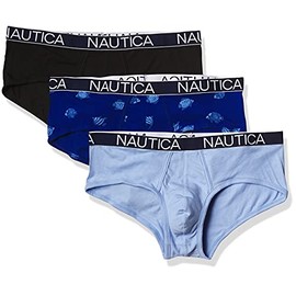 Nautica Men's 3 Pack Cotton Stretch Briefs, Black/Coastal Sky/Fish Print-Windsurf, Medium