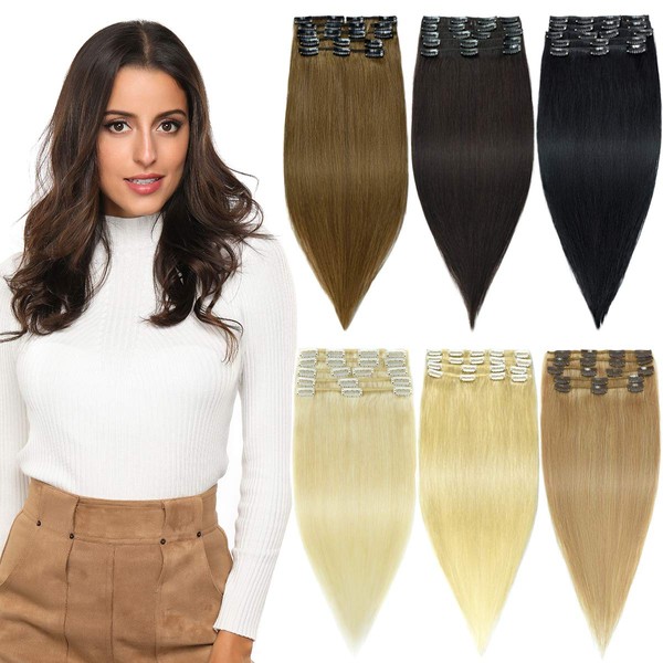 ROSEBUD Clip in Hair Extensions REMY Human Hair 8Pcs 18 Clips 65g/Set 14 Inch