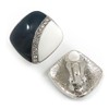 Dark Blue/White Enamel Crystal Square Clip On Earrings In Silver