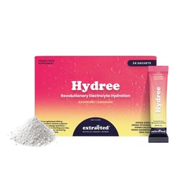 Extracted Hydree Advanced Electrolyte Drink Mix, Sodium Potassium Magnesium Calcium Citrate Blend, Natural Raspberry Flavour, Zero Sugar, Himalayan Salt and Stevia, 24 Single-Serve Sachets