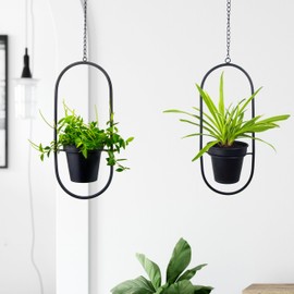 HemePaha Metal Hanging Planters, Modern Plant Hanger with 5 inch Flower Pots,Set of 2 Black Oval Shape Plant Holders, Wall and Ceiling Planters for Indoor Plants, Home Décor