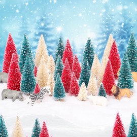 24Pcs Mini Christmas Tree Decor, Artificial Christmas Tree 4 Sizes,Mini Sisal Snow Frost Trees with Wooden Base for Christmas Decor Christmas Table Home Party Craft Decorations(red/Blue/Beige 24pcs)