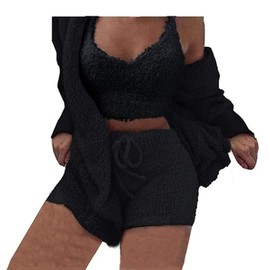 A ADILACA Womens 3 Piece Warm Fuzzy Outfit Pajamas, 3 Pieces Warm Fuzzy Outfits, Solid Color Casual Pajamas Sets, Open Front Hooded Cardigan, Crop Tank Tops, Drawstring Shorts (Black, XL)