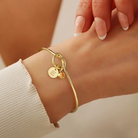 Turandoss Initial Created Birthstone Bracelets for Women -Trendy 14K Gold Plated Letter C Knot Bangle Bracelet - July Ruby Created Birthstone Bracelets - Summer Birthday Gift for women