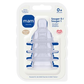MAM Teats 0 + 1 in a set of 4, bottle teat size 0 + 1 (flow rate slow), especially for newborns, particularly soft teat, compatible with all MAM bottles/trainers