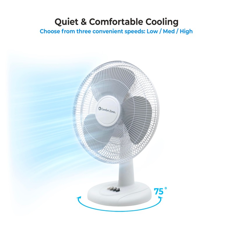 Comfort Zone Oscillating Table Fan with Adjustable Tilt, Convenient Push