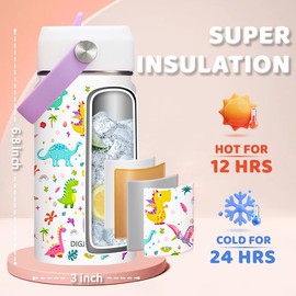 Girls Water Bottle Insulated for School - 12 oz Kids Water Bottles with Straw Lid, Leak-proof Stainless Steel Metal Flask Keep Cold-48H & Hot-24H, Toddlers Cute Cup Protective Boot, Pink Unicorn