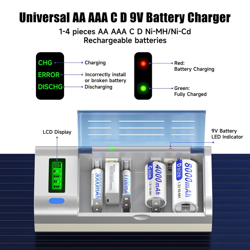 Battery Charger for C D AA AAA 9V Ni-MH Ni-CD