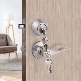 Satin Nickel Keyed-Alike Door Levers and Double Cylinder Deadbolts Combination Sets Locksets,with Same Key,Reversible for Right/Left Handed Doors,2Pack