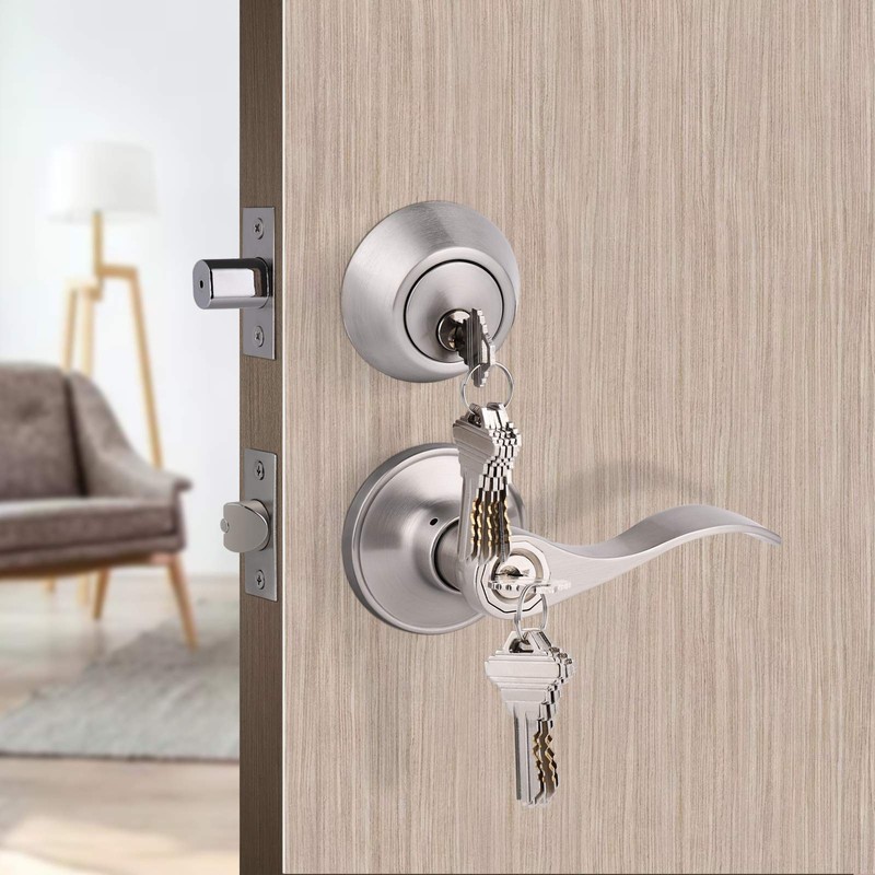 Satin Nickel Keyed-Alike Door Levers and Double Cylinder Deadbolts Combination