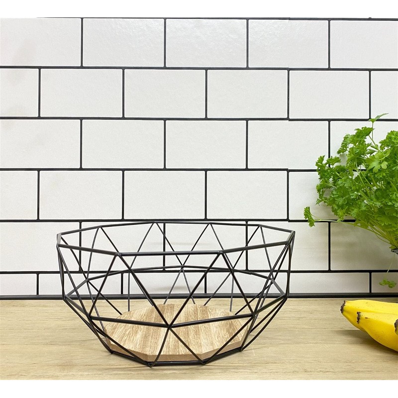Black Geometric Metal Wire Wooden Base Decorative Storage/ Display Basket