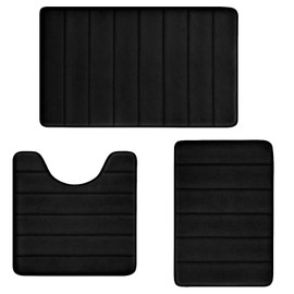 RUN HELIX Bathroom Rugs Set Memory Foam Bath Mats Non-Slip Bath Rug Set 3 Piece,Washable Bathroom Mats,Absorbent Shaggy Rugs Super Soft U-Shaped Toilet Rug,Bathroom Carpets for Bathroom,Tub,Shower(Black)