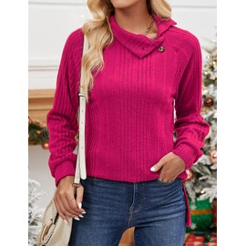 Luranee Womens Long Sleeve Tunic Tops Turtle Neck Sweater Light High Low Side Split Sweatshirt Hot Pink