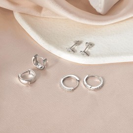 SILBERTALE Set of 3 Pairs of Earrings 925 Silver Mini Hoop Earrings with Balls Wide Hoop Earrings Small Zirconia Stud Earrings Girls Women, Sterling Silver