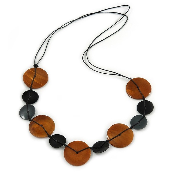 Avalaya Brown/Black Coin Shape Shell Bead Cord Necklace - 76cm