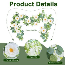 2 Pack 11.5Ft Artificial Flower Garland 12 White Roses Fake Rose Flower Greenery Garland Floral Vines for Wedding Spring Home Party Backdrop Craft Art Table Runner Indoor Outdoor Decor (2PCS, White)