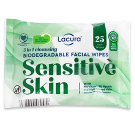 Lacura 3 In 1 Biodegradable Cleansing Facial Wipes For Sensitive Skin, Makeup Removal Wipes with Pro-Vitamin B5, 2 Packs (50 wipes in total)