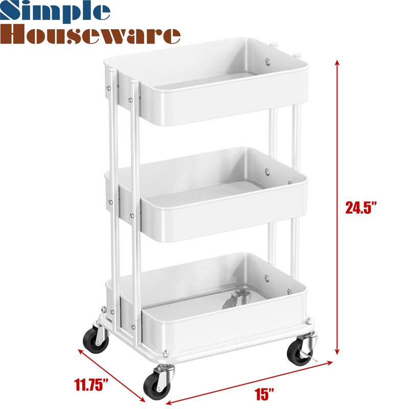 Simple Houseware 3-Tier Compact Utility Rolling Cart, Low 24” Height