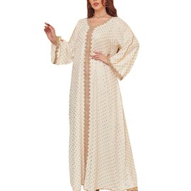 FPOVFPO Womens Muslim Abaya Dress One-Piece V Neck Bronzing Dress Islamic Full Length Kaftan Daily Casual Dress White