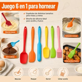 Juego de 6 Espátulas de Silicona para Cocina, Espátula de Goma Antiadherente para Hornear y Mezclar, Multicolor, Utensilios de Silicona Apto para Alimentos, Set Completo de Repostería