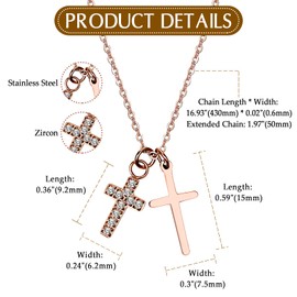 Flonge Women's Double Cross Necklace: Dainty Cubic Zirconia Cross Pendant Necklaces Trendy Stainless Steel Crucifix Necklace Christian Faith Jewelry for Women Rosegold