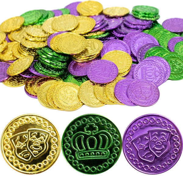 GIFTEXPRESS 144PC Mardi Gras Plastic Coins Assorted Metallic Gold Green Purple Mardi Gras Coins Bulk for Mardi Gras Parade, Party Favors