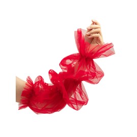 QRBTSCL Women's Long Tulle Gloves Lace Semi Sheer Puffy Sleeves Fingerless Gloves Sunscreen Dress Costume Accessory, Red, One Size
