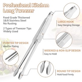 2 Pcs Stainless Steel Professional Fine Tweezers Pliers, Round and Pointed, Extra Long Heavy Duty Food Tweezers with Precision Serrated Tips, for Cooking, Pastry Baking (11+11Inch, Silver)
