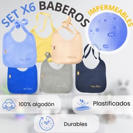 Neek Cotton | Set Baberos Impermeables x6 Piezas – Algodón Para bebe Niña- Niño | Resistentes Al Agua -Babero Plastificado | Lavables a Maquina (6 Piezas, Niño)