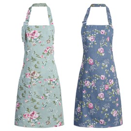 FANTESI 2 Pcs Aprons for Women, Aprons for Cooking, Adjustable Large Size Flower Neck Aprons, Easy Clean Kitchen Cooking Aprons for Cooking, Gardening, Housework