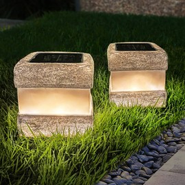 2 Pack Solar Garden Lights, Fake Rock Lights for Outdoor Pathway Yard, Solar Waterproof Decorative Rocks Lantern for Landscape Decor Gery