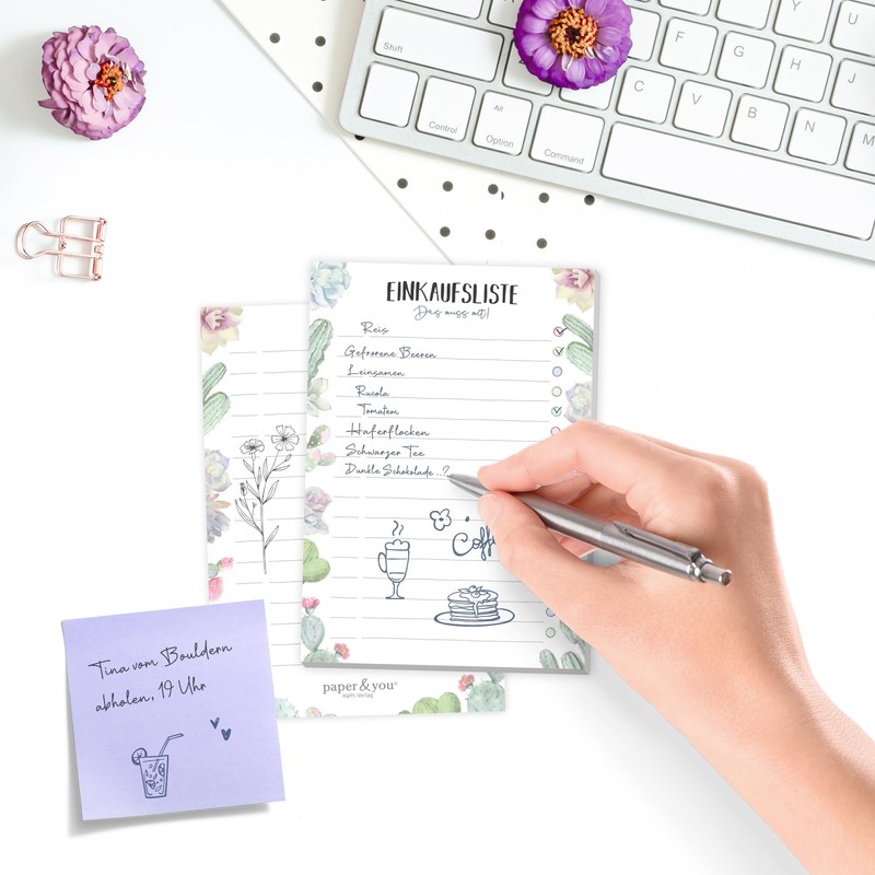 paper&you® A6 Shopping List Pad [Cacti] with 50 Tear-Off Sheets