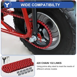 YOXUFA 420 Motorcycle Chain 132L Compatible with 110cc 125cc 50cc 70cc SSR TaoTao Apollo Coolster Kazuma Pit Dirt Bike ATV 4 Wheel Predator 212cc Coleman CT200U Baja MB165 Mini Bike Go Kart Red Parts
