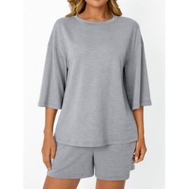AUTOMET Womens Lounge Sets Two Piece Set Summer Outfits Loungewear 2 Piece Pajama 3/4 Sleeve Oversized Tshirts Elastic Waist Shorts Gray L