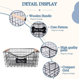 Geyecete dog toy basket Set of 2 Iron Wire Large dog toy box dog toy bin with Wooden Handles black wire basket Metal Basket for Pets baskets for organizing