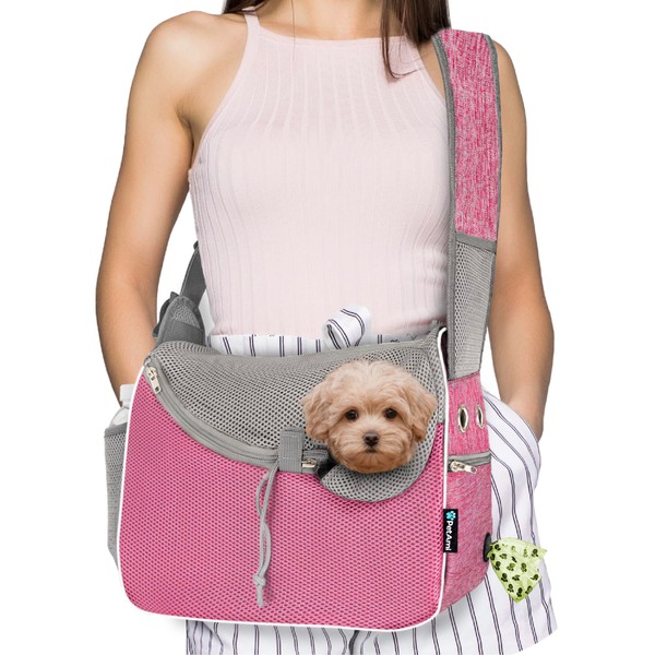 PetAmi Small Dog Sling Carrier, Soft-Sided Crossbody Puppy Carrying Purse Bag, Adjustable Sling Pet Pouch to Wear Medium Dog Cat Travel, Dog Bag for Traveling, Breathable, Poop Bag Dispenser, Pink